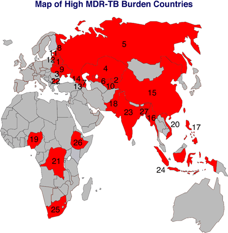 global map identifying the 27 high MDR-TB burden countries