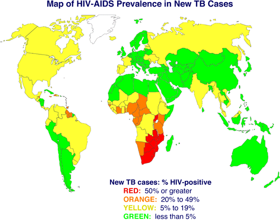 global map indicating the incidence of HIV-AIDS in new tuberculosis patients per year for each nation