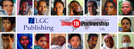 LGC Publishing and Stop TB Partnership logos surrounded by the faces of TB victims with link to TB: Snapshot of an Epidemic page